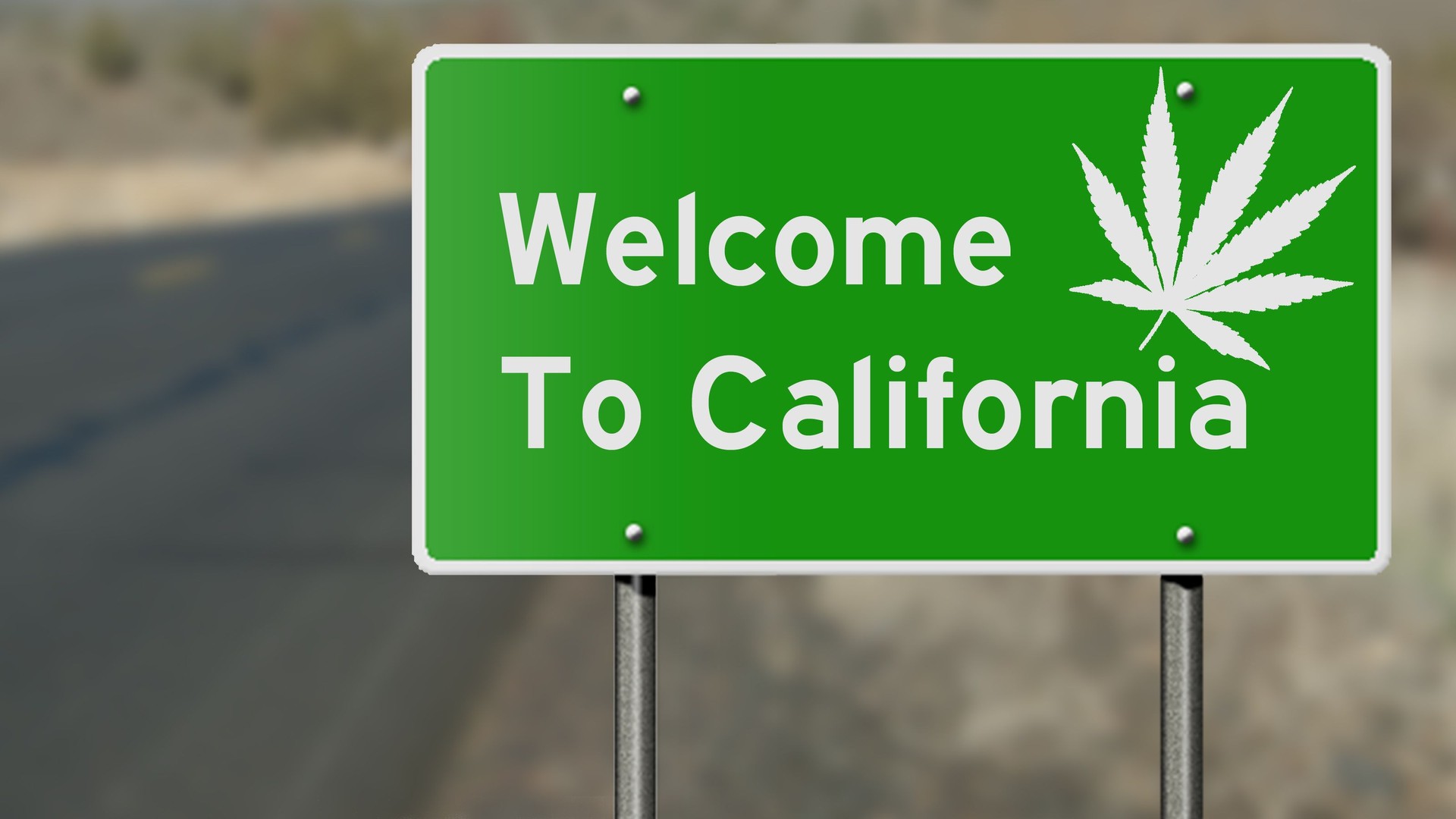 Welcome to California highway sign with marijuana leaf Welcome to California highway sign with marijuana leaf